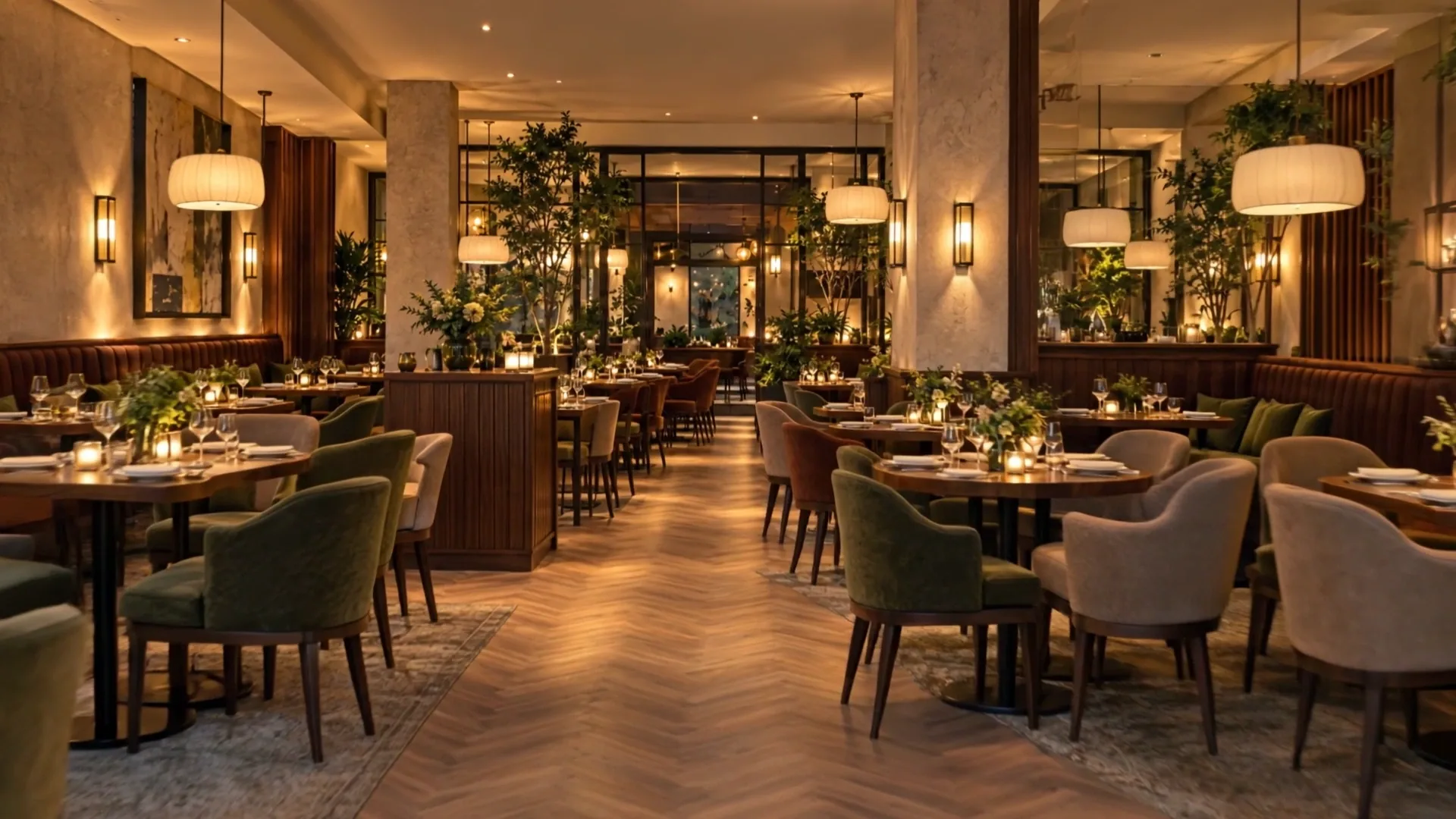 Salle de restaurant chaleureuse, tables dressées et lumière douce