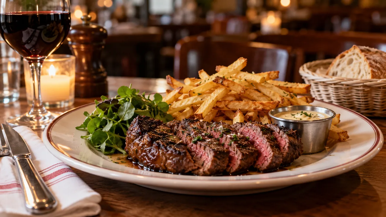 Pièce de bœuf, frites maison et verre de vin rouge sur une table de bistrot