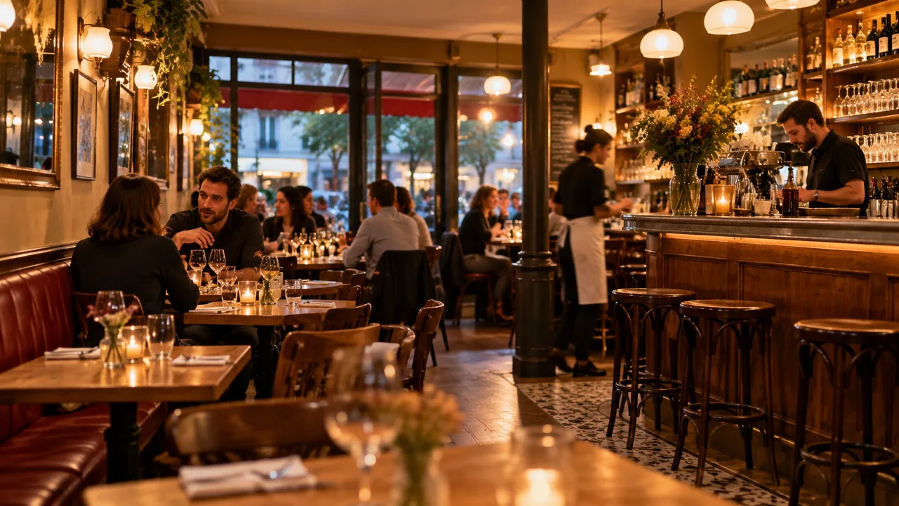 Salle de bistrot animée, banquettes rouges et comptoir en bois