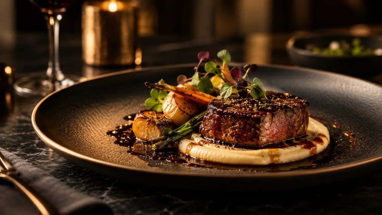 Assiette gastronomique dressée sur une table sombre