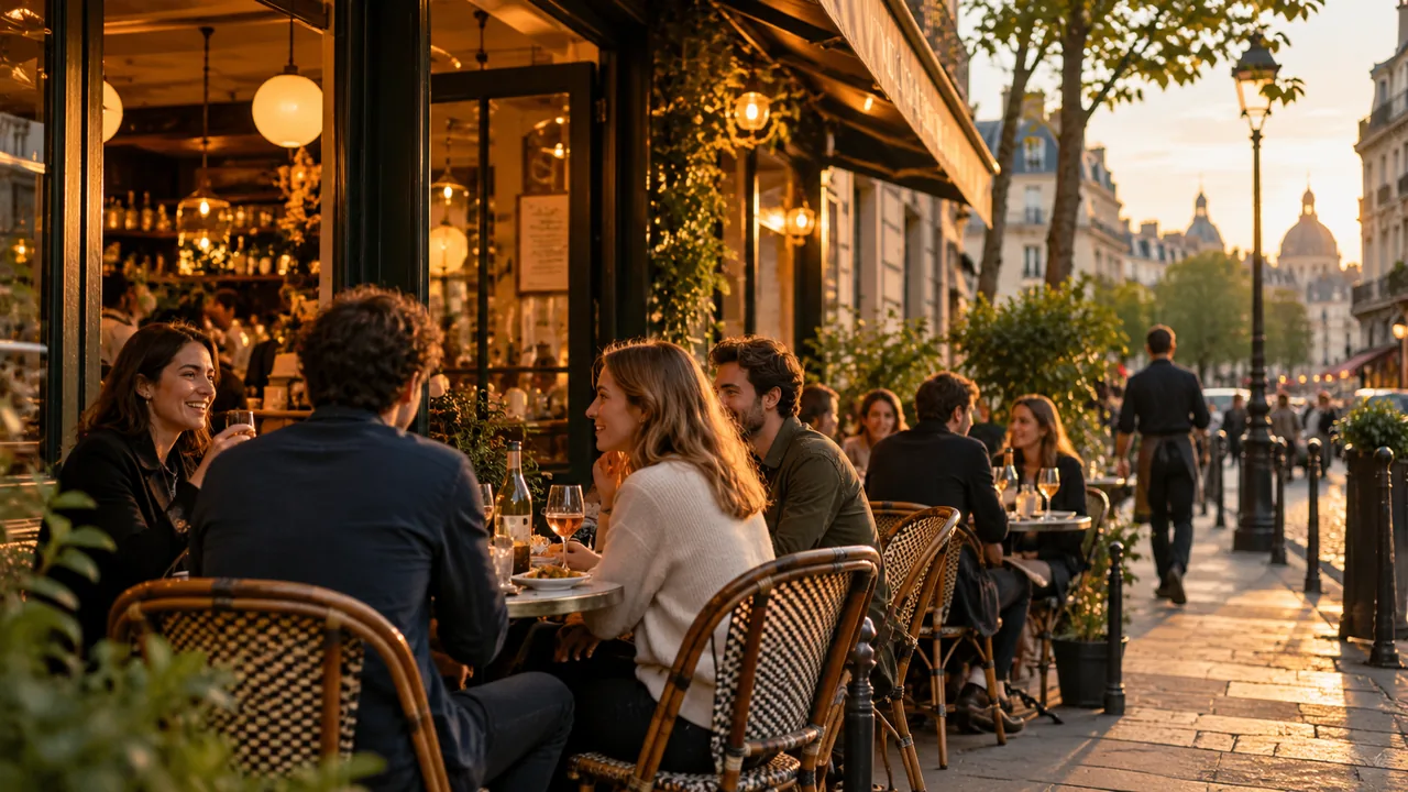 Terrasse animée au soleil couchant, verres de vin et tables en bistrot
