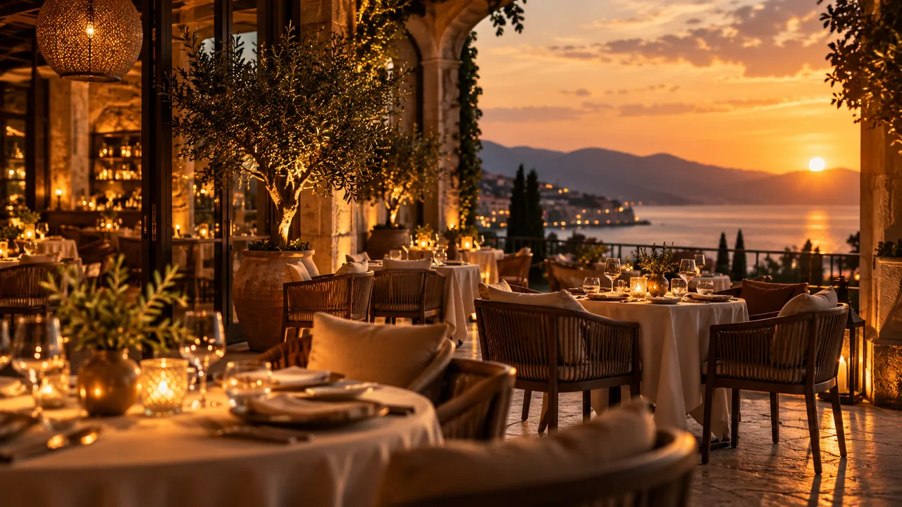 Terrasse de restaurant face à la mer au coucher du soleil