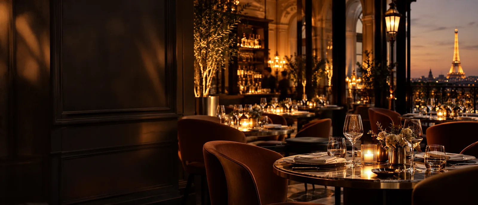 Salle de restaurant élégante aux bougies, avec vue sur Paris au crépuscule