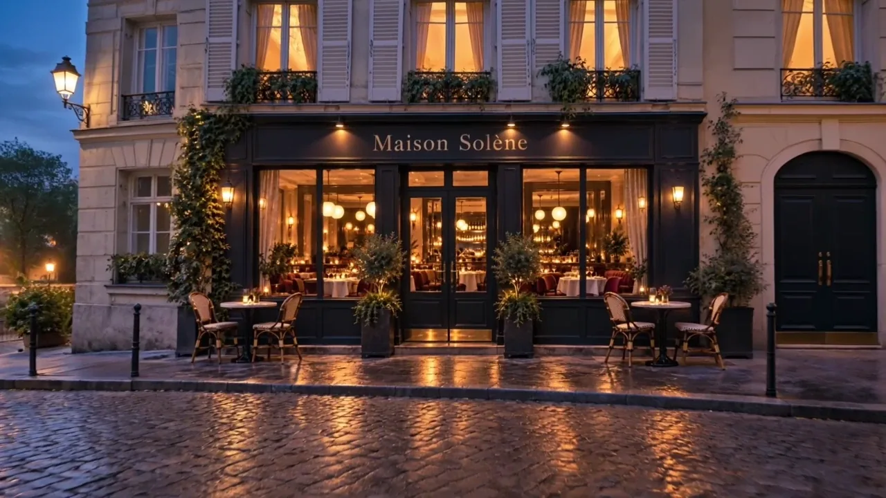 Devanture du restaurant Maison Solène à la tombée du jour, concept de démonstration